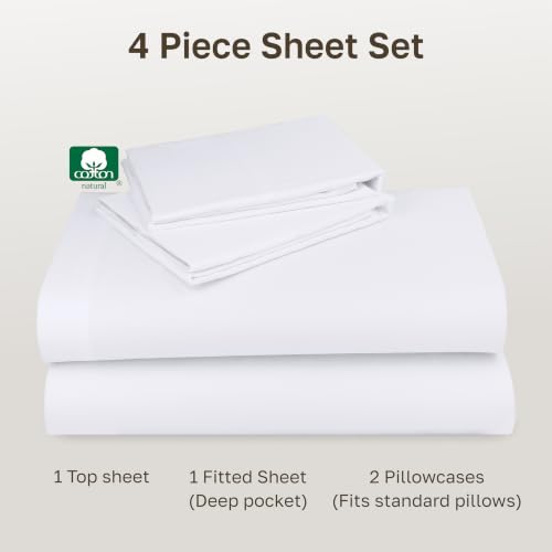 Image of California Design Den Natural 100% Cotton Sheets Full Size Bed Set with Deep Pockets - Soft Sateen Weave, Durable Full Size Bed Sheets (White)