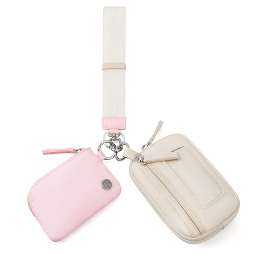 POIUGOYA Keychain Wristlet Wallet,Dual Pouch Wristlet Portable,Nylon RFID Coin Purse Small Wallet with key ring,ID Window