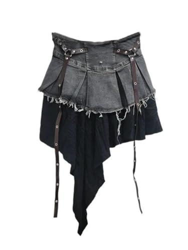 Women's Denim Skirts High Waist Patchwork Irregular Burrs Edge Folds Ribbons Short Skirt