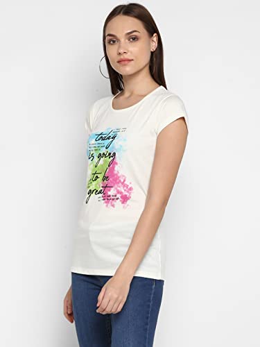 Image of Modeve Women Printed Cotton Blend Half Sleeve Round Neck T-Shirt for Summer