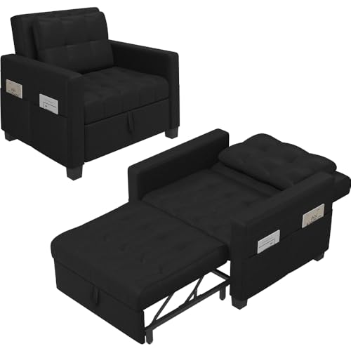 Yaheetech Schlafsessel mit Bettfunktion 3-in-1 Ausziehbares Schlafsofa Umwandelbarer Stuhl Bett Verstellbarer Einzelsessel mit Seitentasche, Liegefläche 190 x 71,5 cm, für kleinen Raum, Schwarz