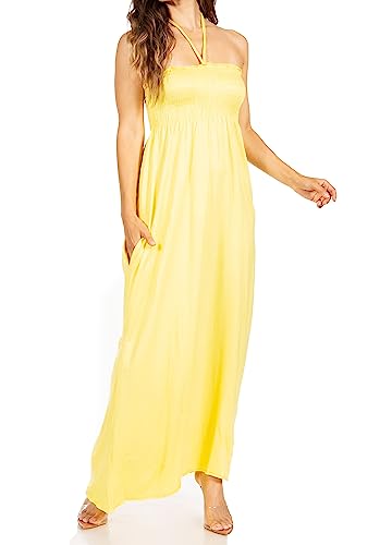Image of Sakkas Soft Jersey Feel Solid Color Smocked Bodice String Halter Long Dress