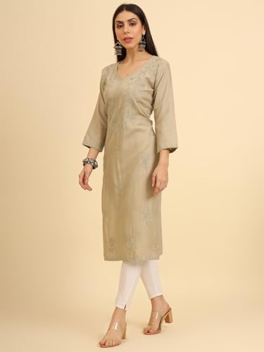 Image of Women's Chikankari-Lucknowi Embroidered Work | 3 /4 Sleeve | Knee Length | Round Neck | Cotton Fabric | Straight Kurta