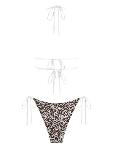 Image of ZAFUL Halter Swimsuits for Women Textured Backless 2 Piece Bathing Suits Cheeky High Cut String Tie Side Bikini Sets