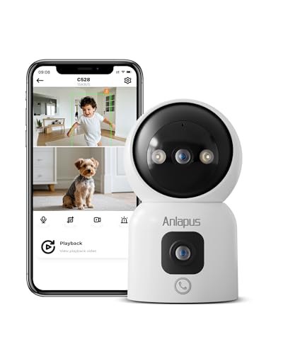 Anlapus C528 4MP Dual Lens(2MP+2MP) Indoor Security Camera, Motion Detect and Auto Tracking, Plug-in, 360° WiFi Pan/Tilt Camera, 2.4GHz WiFi, Two-Way Talk, Light & Siren alert, Memory Card Not Include
