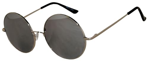 Round Retro Circle Sunglasses Metal Silver Frame Silver Mirror Lens 56 mm OWL