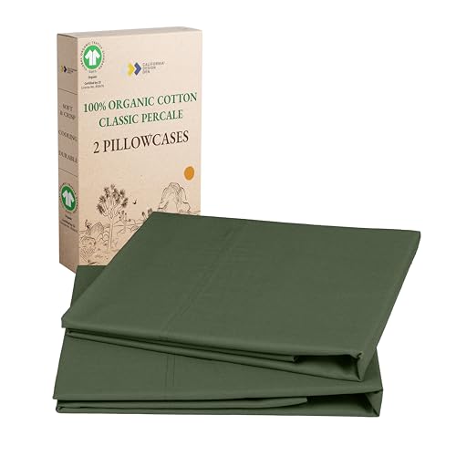 California Design Den 100% Organic Cotton Pillow Cases Queen/Standard Set of 2 - Soft & Crisp Percale Fits Standard & Queen Pillows - Olive Green Pillowcases