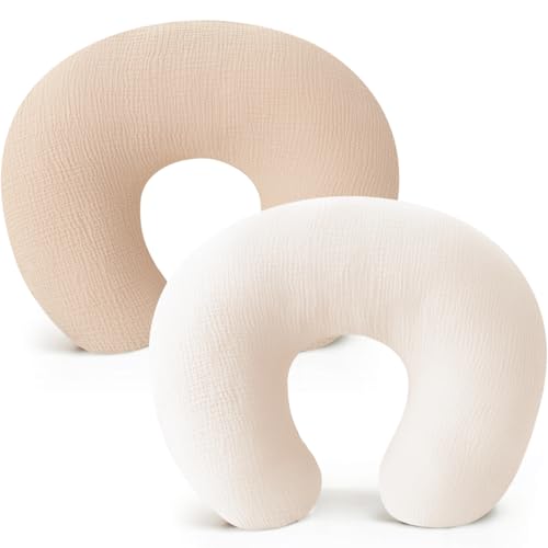 Image of Konssy 2-Pack Muslin Nursing Pillow Covers, Soft & Adorable Nursing Covers for Breastfeeding Pillows, Slipcovers for Newborn Boys & Girls(Oat, Wheat)