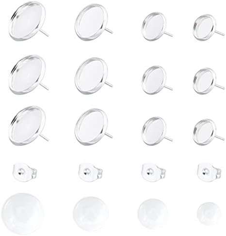 UNICRAFTALE about 32 Sets 4 Sizes 8/10/12/14mm Flat Round Tray Stainless Steel Stud Earring Settings and Transparent Glass Cabochons Silver Earring Cabochons for Jewelry Making