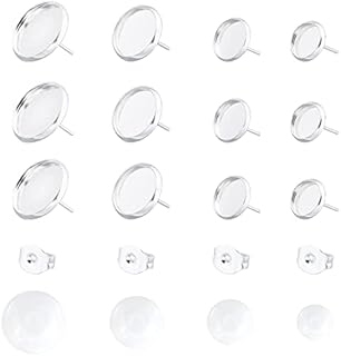 UNICRAFTALE about 32 Sets 4 Sizes 8/10/12/14mm Flat Round Tray Stainless Steel Stud Earring Settings and Transparent Glass Cabochons Silver Earring Cabochons for Jewelry Making