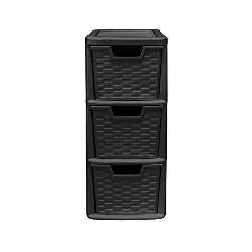 3 Drawer Medium Rattan Tower Unit - Black, Single Unit - 47cm (H) x 19cm (W) x 26cm (D)