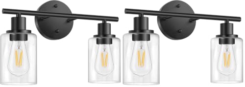 Image of Bathroom Light Fixtures, 2 Light Matte Black Vanity Light, Vintage Wall Sconces Lighting, Modern Bath Wall Mounted Lights with Glass Shade (Pack of 2)