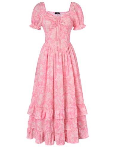 Image of Scarlet Darkness Women Floral Maxi Dress Puff Sleeve Tea Party Corset Dress | Pockets, Ruched Bust, Ruffled Hem, for Cottagecore Fairy Milkmaid Vacation
