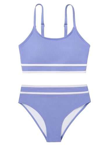 Image of Girls 2 Piece Swimsuit Ribbed Bathing Suits Color Block Adjustable Strap Bikini Set for Teens Girls Swim Suit