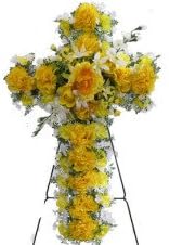 Deluxe Silk Flower Cross in Yellow for Grave-site Presentation in Remembrance of Loved Ones. Easel Mounted