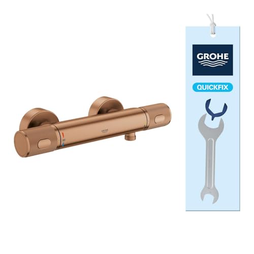 GROHE Precision Feel – Grifo termostático de ducha visto (mandos moleteados, botón a 38°C, EcoButton, florón metálico), Brushed Bronze, 34790DL0