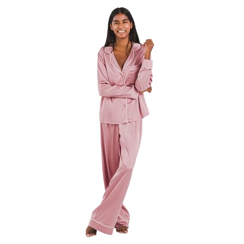 TRAMAS+ Pijama Mujer Satén, Pijama Mujer Largo, Conjunto de Manga Larga con Botones y pantalón con Cintura Elastica, Ropa de Dormir Cómoda - M, Rosa Malva
