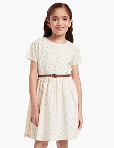 Image of Amazon Brand - Jam & Honey Girl's 100% Soft & Pure Cotton Comfortable and Stylish Printed Woven Dress with Short Sleeves and Belt - Perfect for Every Occasion