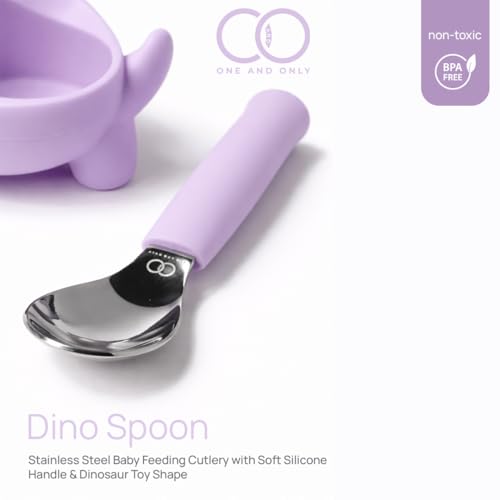 Image of Silicone Spoon for Baby, Purple Toddler Feeding Spoon, Silicone Kids Spoon with Dinosaur Case, 1 Pc, Travel Friendly Mealtime Utensil, Daily Feeding Essential