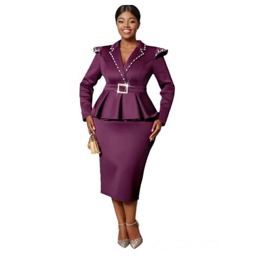 AOMEI Elegant Women's Peplum Bodycon Dress Luxury Pearl Lapel V Neck Long Sleeve Pencil Sheath Dresses (Purple,Small)