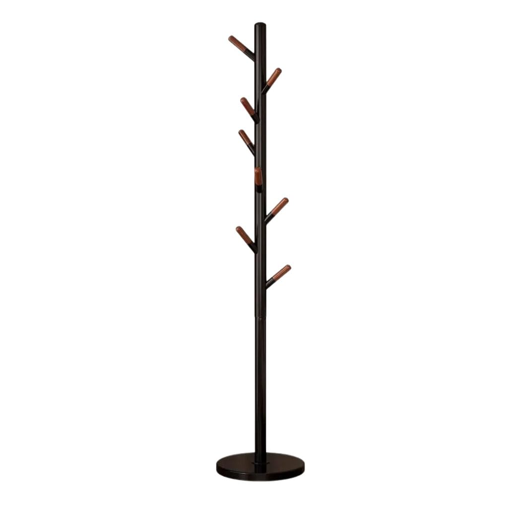 HRGKLMN Freestanding Coat Rack in Nordic Style, Metal Coat Stand with Natural Wood Hooks, Sturdy Coat Rack with Round Base for Entrance Area, Bedroom, Office,Black