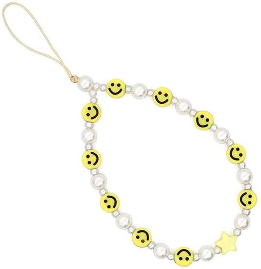 Smiley Face Pearl Beaded Phone Strap Yellow and White Mobile Char-image-40