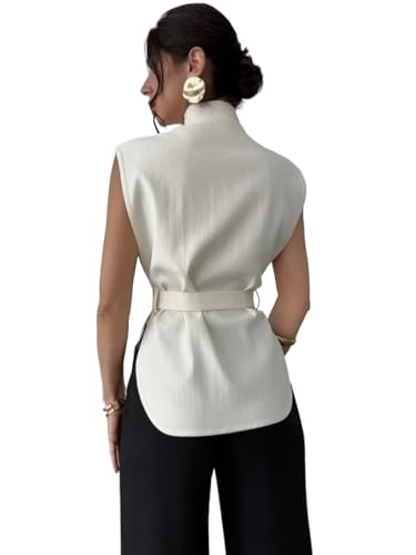 Chic & Cozy: Women’s Elegant Stand Collar Jacket with Tie Waist in Crisp White (Small) - Image 2