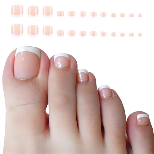 Image of Press On Toe Nails, 24 Pcs Skin Color Fake Toe Nails for Women | Natural-looking artificial toe nail extension kit, convenient full-cover stick on toenails.