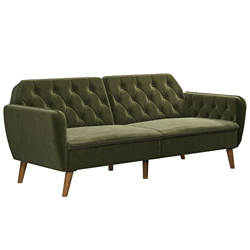 Novogratz Tallulah Memory Foam Futon, Convertible Couch, Green Velvet & Homepop By Kinfine Fabric Upholstered Round Storage Ottoman - Velvet Button Tufted Ottoman With Removable Lid, Green #TOP3