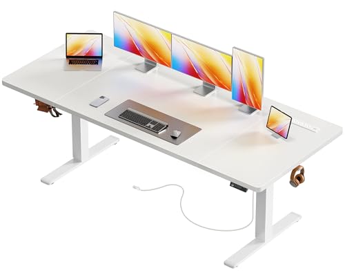 Image of Huuger 71 X 30 Inch Electric Standing Desk with Power Outlets and USB-C Port, Height Adjustable Desk, Sit Stand Desk for Home Office, Computer & Gaming Desk with 4 Presets, Stable Steel Frame, White