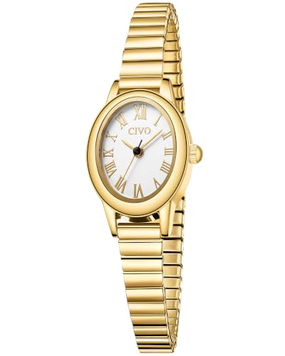 CIVO Vintage Watches for Women Small: Oval Case Roman Dial Analog with Expansion Band - Dainty Gold Ladies Dress Watch for Gifts Anniversary Valentines Day