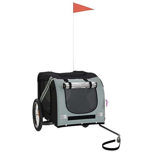 vidaXL Fahrradanhänger für Hunde, Hundeanhänger mit Reflektoren Flagge, Hundetransporter Maximale Belastbarkeit 45kg, Schwarz Grau Oxford-Gewebe Eisen