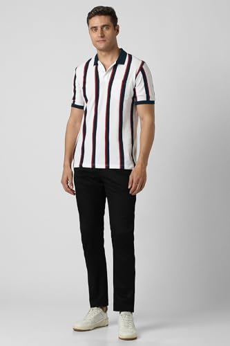 Image of Peter England Men's 100% Cotton Vertical Striped Polo T-Shirt - Casual Wear | Sleek & Comfortable