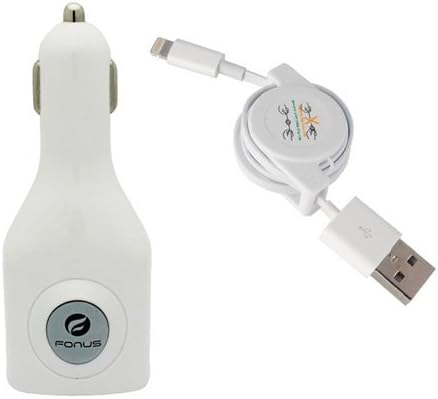 Universal Car / Home Wall Charger Power Adapter with Dual USB Ports White + Retractable Charging and Data Sync Cable Wire" for iPhone 6, 6 Plus, 5S 5C 5, iPad Air, iPad Mini, iPad Mini 2, iPad 4 (4th Gen), iPod Touch 5th Generation (5G), iPod Nano 7th Gen (7G)