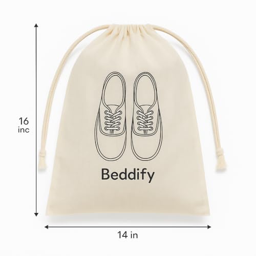 Image of Beddify Pack of 6 Cotton Travel Shoe Cover (14 X 16 Inch) Large Pouch Footwear Organizer Durable Drawstring Bags Suitable for All Size Footwear 100% Cotton Reusable & Washable Shoe Bags - Off White