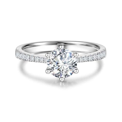 14K White Gold 1ct Moissanite Engagement Ring for Women,6.5MM Main Stone,D Color VVS1 Round Simulated Diamond Moissanite Wedding Promise Proposal Ring for Wife Her Anniversary Bridal Gift,All Size