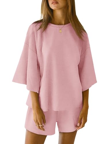 Image of Tankaneo Womens Pajama Sets 3 /4 Sleeve Oversized Tops & Loose Fit Shorts Lounge Set with Pockets Loungewear