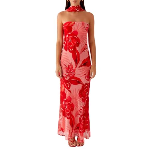 Image of Women Strapless Floral Dress with Sarf Mesh Tube Maxi Dress Summer Cocktail Wedding Guest