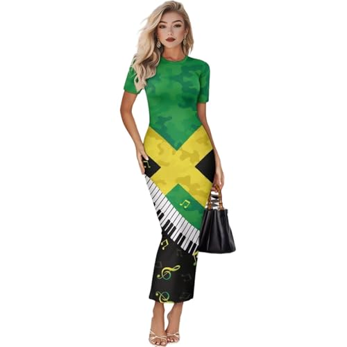 Image of Womens Short Sleeve Jamaican Flag Midi Bodycon Dress