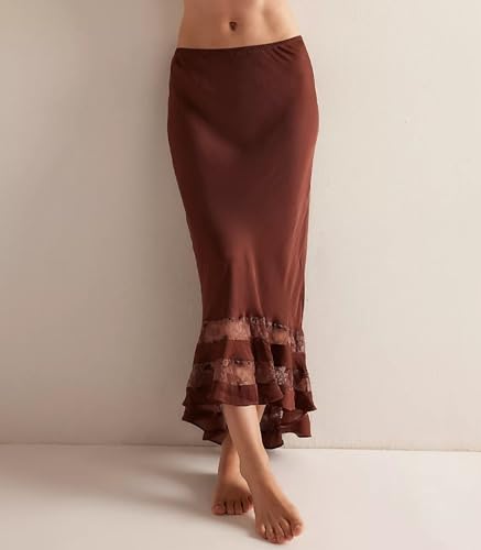 Women Lace Trim Satin Maxi Skirt A line Handkerchief Hem Silk Flowy Skirt Half Slip Long Skirts Streetwear2