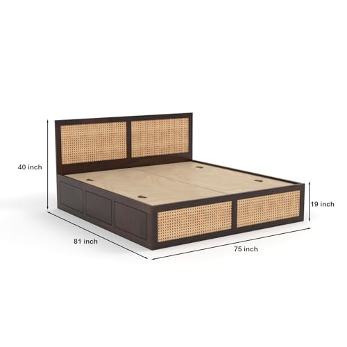 Image of Sheesham Wood Cane Bed with Box Storage for Bedroom | King Size Wooden Double Bed Palang with Rattan Headboard & Footboard (Walnut Finish)