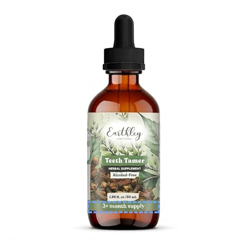 Image of Earthley Wellness Teeth Tamer, Teething Relief for Babies & Kids, Organic Herbal Formula, Soothes Drooling, Gum Discomfort & Irritability, Sugar-Free, 3+ Month Supply (1.69 oz Glass, 500 doses)