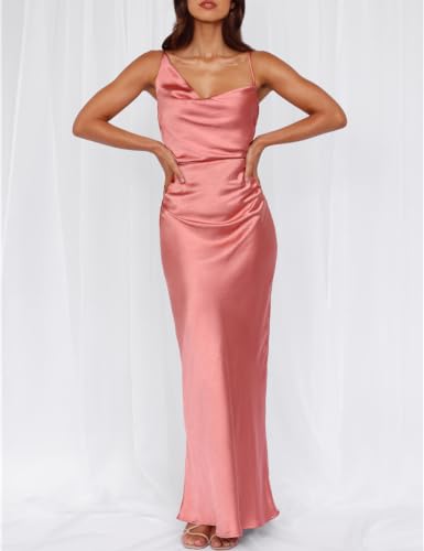 Image of Formal Satin Silk Spaghetti Strap Maxi Dresses for Women Wedding Guest