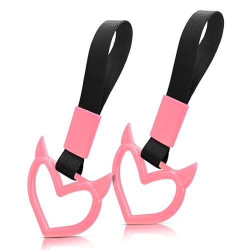 Image of 2 Pcs Devil Heart Shaped Car Handle Strap - JD M Drift Charm Rear Bumper Warning Ring Decor for Car Interior Exterior, Subway Bus Handle Accessory, Cute Heart Car Decor Gift for Drivers (Pink)