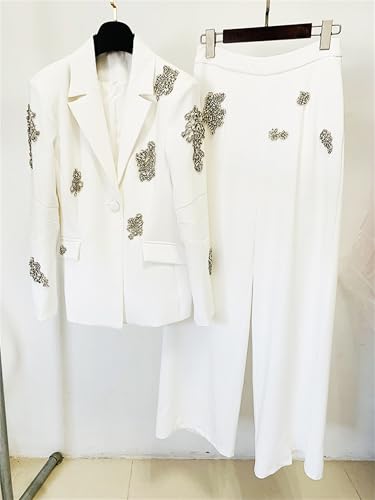 Women's Diamond Suit Coat Beaded Wide Leg Pants and Blazers Set Formal Occasion Office Lady Two Pieces Suits2
