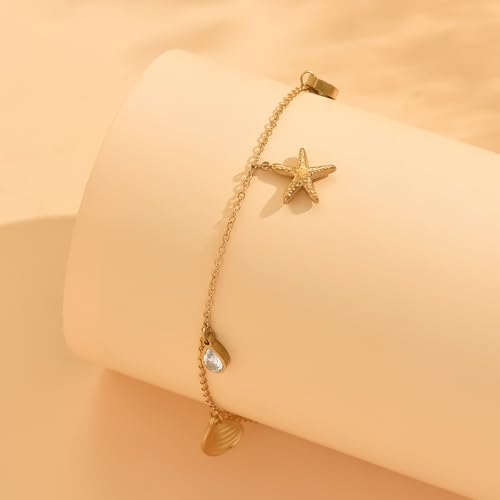Image of Anklets for Women Dainty CZ Ankle Bracelet 18K Gold Plated Waterproof Boho Dot Star Moon Daisy Ocean Beaded Anklet Trendy Foot Jewelry