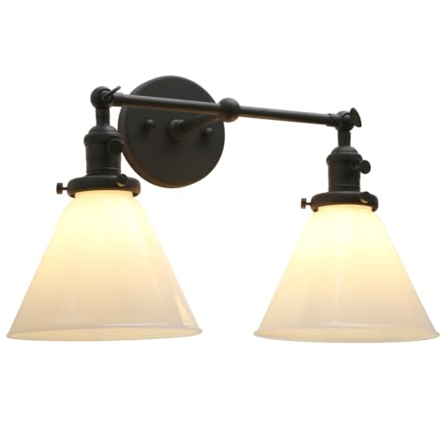 Image of Double Sconce Vintage Industrial Black 2-Lights Wall Sconces with Funnel Flared Glass Milk Glass Shade Antique Scocne for Bathroom Living Room Home Office