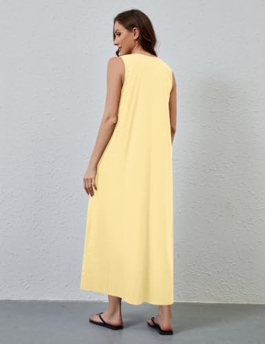 Image of OLAPTA Women Summer Sleeveless Maxi Dress Scoop Neck Ruched Loose Fit Casual Elegant Solid Vacation Long Dress with Pockets