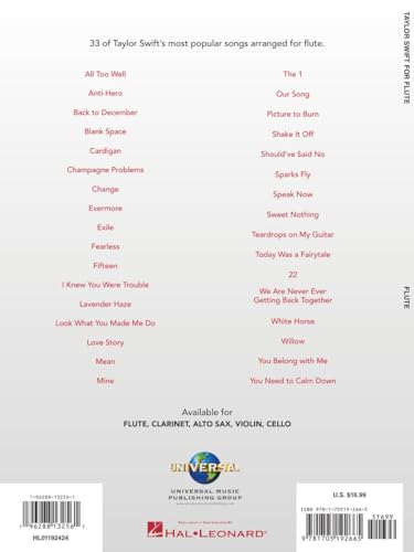 image for Hal Leonard Taylor Swift for Flute - 33 Songs Songs Arranged for Flute