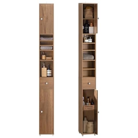 Haotian Bathroom Tall Cabinet with 1 Drawer, 2 Doors and Adjustable Shelves, Bathroom Shelf, Bathroom Tall Cabinet Cupboard, Natural BZR34-PF Cover